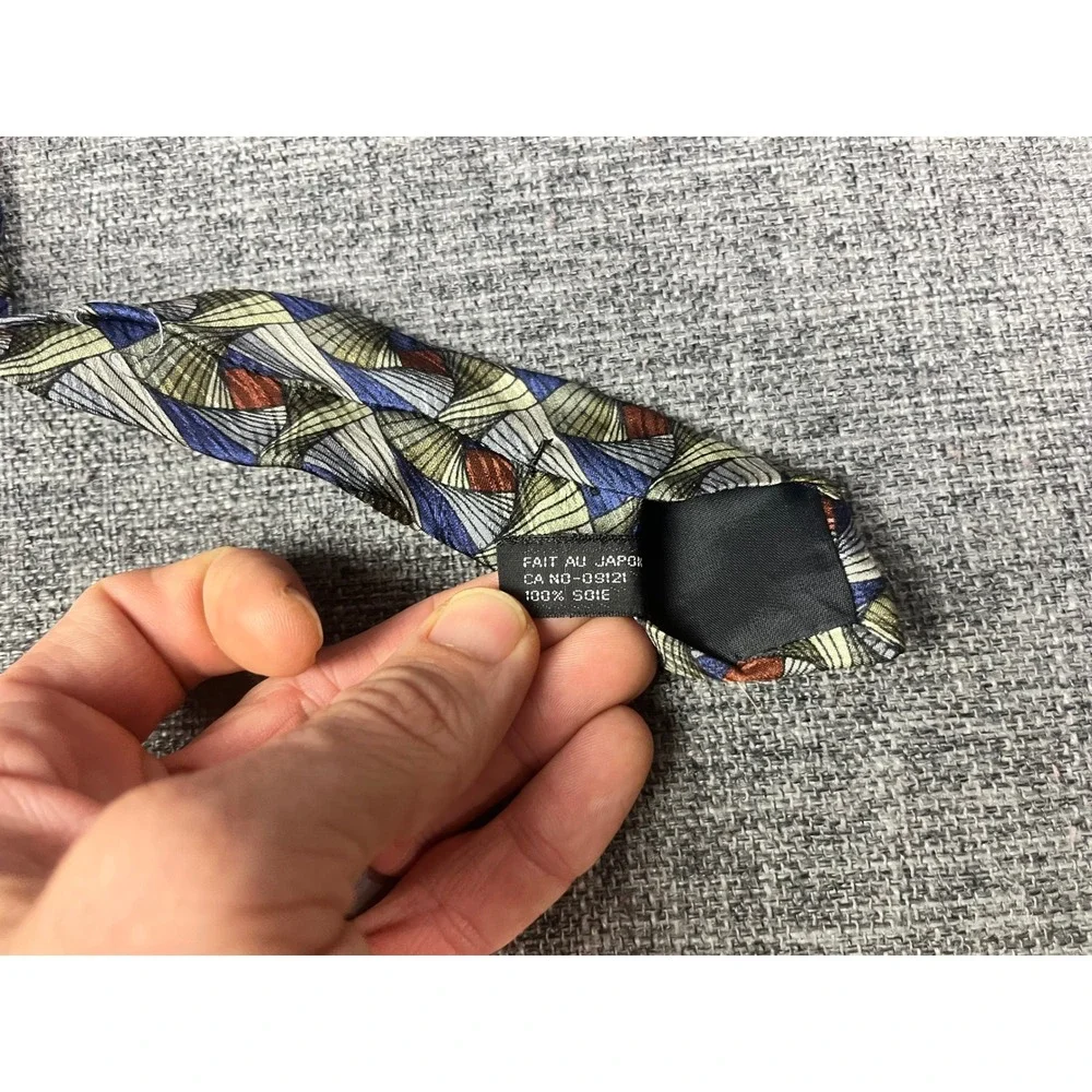 Jhane Barnes Mens Silk Tie Geometric Spiral Blue Tan Green Rust Made in Japan